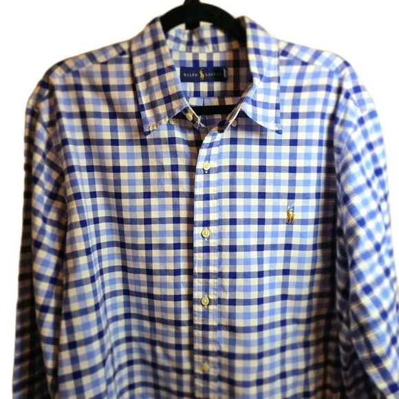 Ralph Lauren‎ Men's XL Gingham Button Down Shirt Blue Classic Fit Cotton - Picture 3 of 10